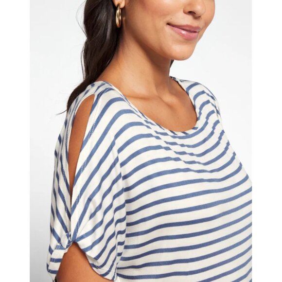 Colette Romey Cold Shoulder Knit Top White Navy Large - Picture 6 of 13